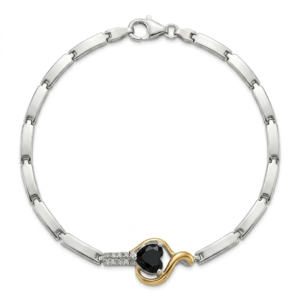 Pulseira Feminina Prata 925 Coração Negro Zircônias e Detalhe Dourado
