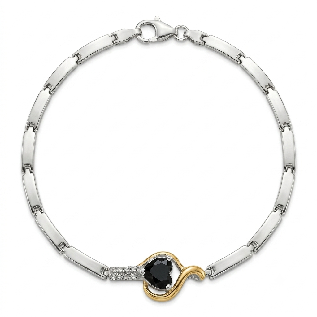 Pulseira Feminina Prata 925 Coração Negro Zircônias e Detalhe Dourado