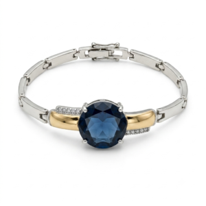 Pulseira Feminina Prata e Dourada com Cristal Azul Royal Lapidado e Microcravação