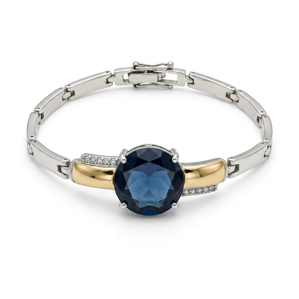 Pulseira Feminina Prata e Dourada com Cristal Azul Royal Lapidado e Microcravação