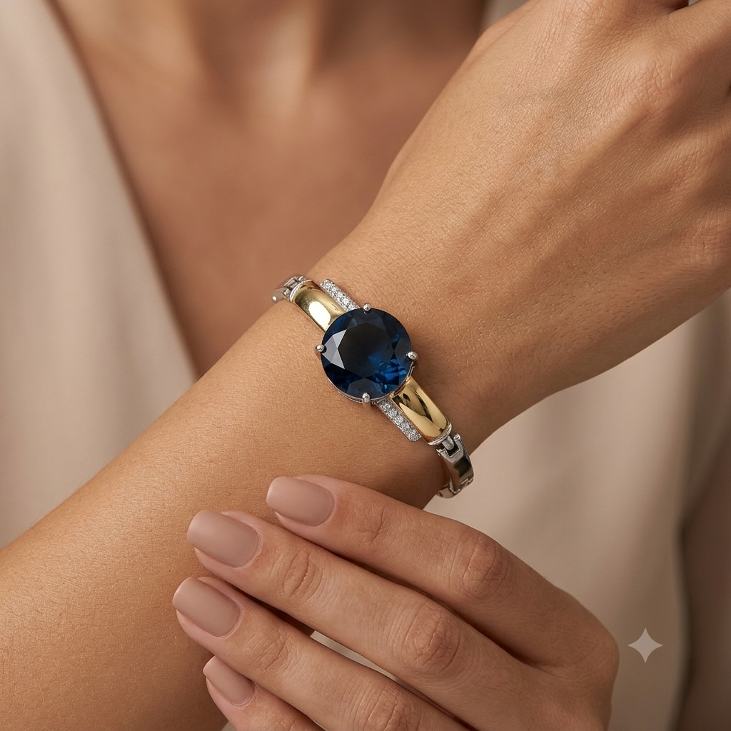 Pulseira Feminina Prata e Dourada com Cristal Azul Royal Lapidado e Microcravação - Imagem 2