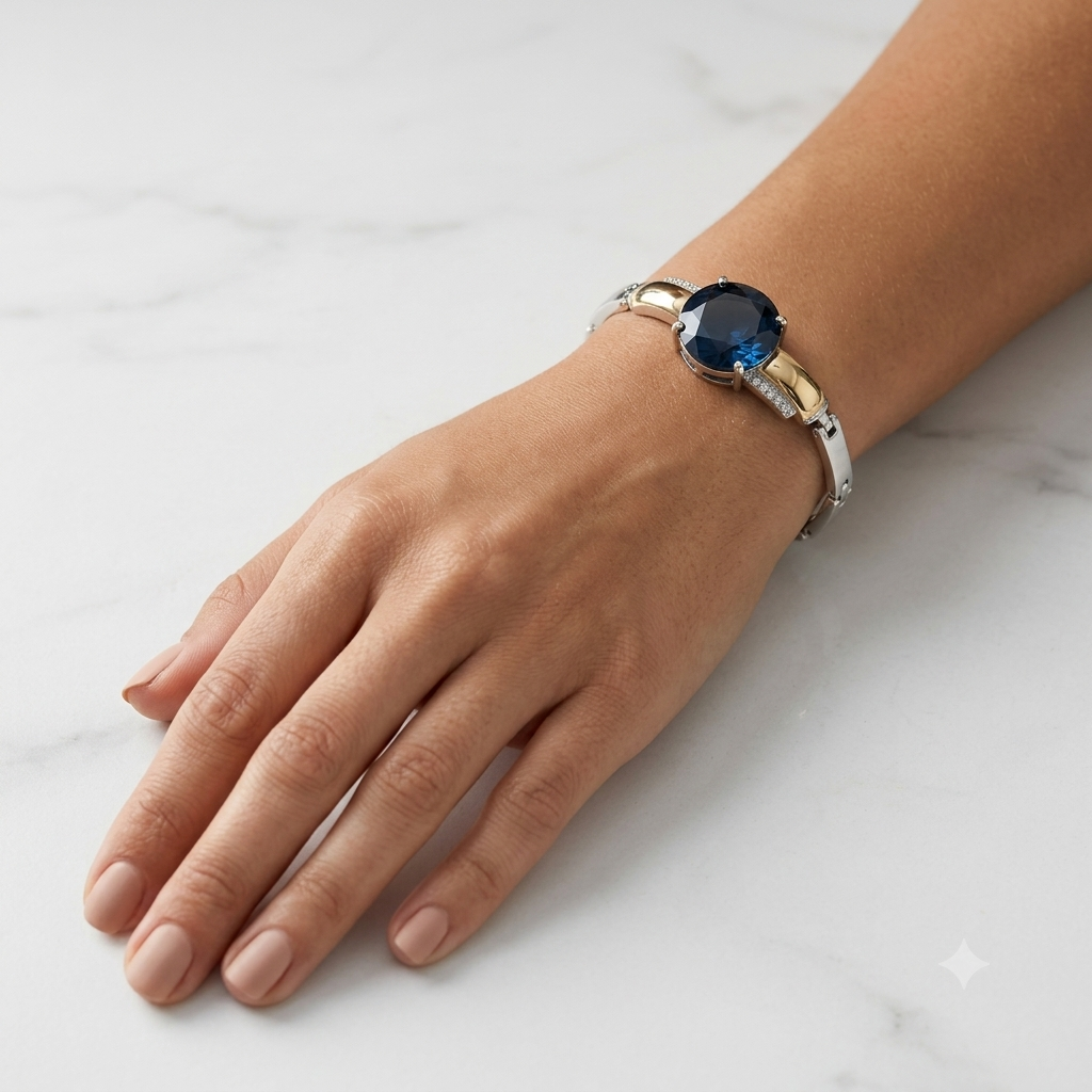 Pulseira Feminina Prata e Dourada com Cristal Azul Royal Lapidado e Microcravação - Imagem 3