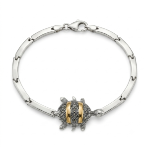 Pulseira Feminina Prata de Tartaruga Bicolor com Marcassitas e Detalhes Dourados