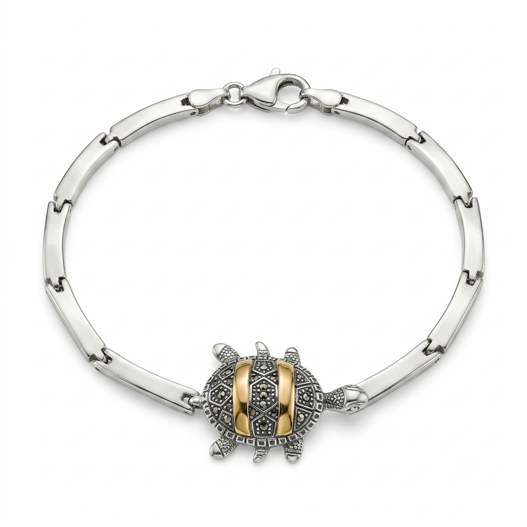 Pulseira Feminina Prata de Tartaruga Bicolor com Marcassitas e Detalhes Dourados