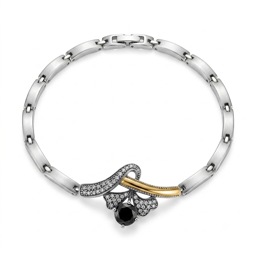 Pulseira Feminina Prata e Dourado Zircônia Negra Lapidada e Microcravação