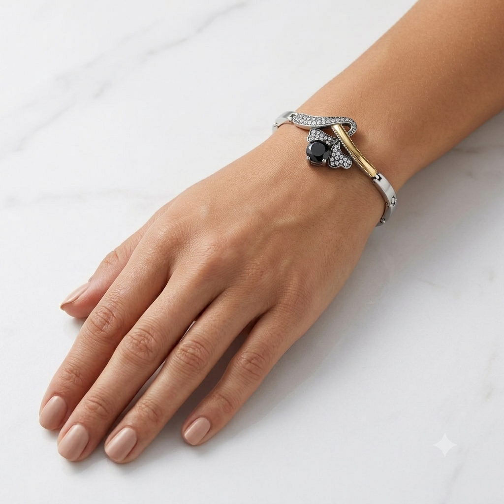 Pulseira Feminina Prata e Dourado Zircônia Negra Lapidada e Microcravação - Imagem 2