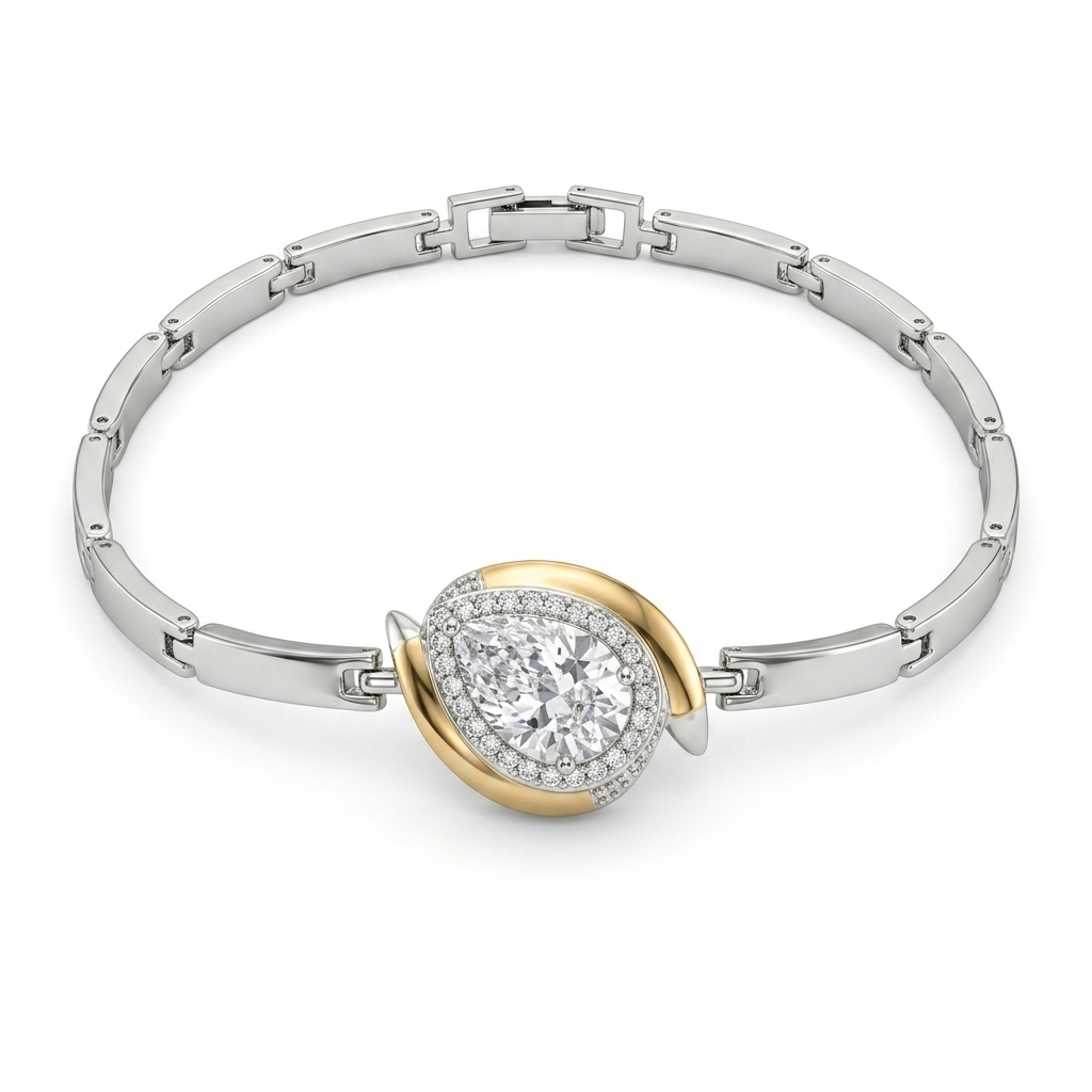Pulseira Feminina Prata e Ouro com Zircônia Gota Cravejada