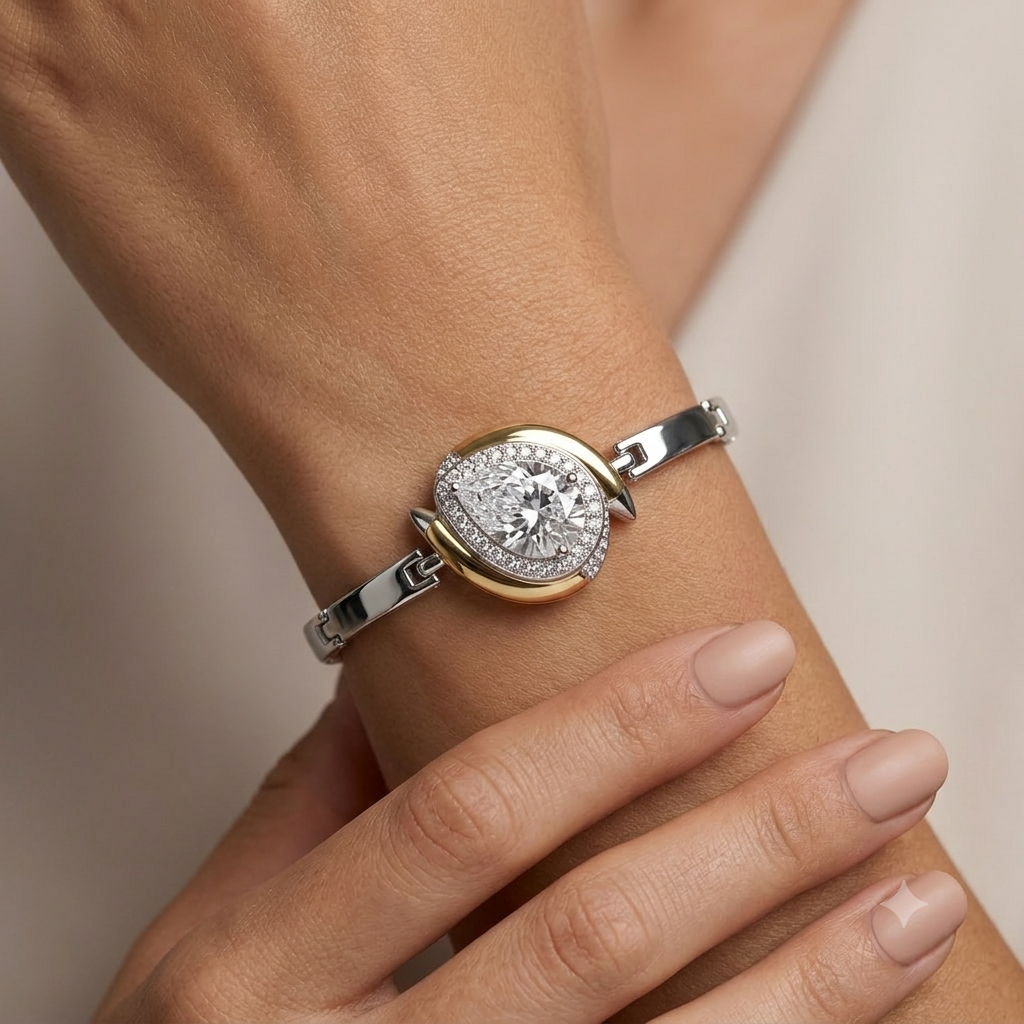 Pulseira Feminina Prata e Ouro com Zircônia Gota Cravejada - Imagem 2