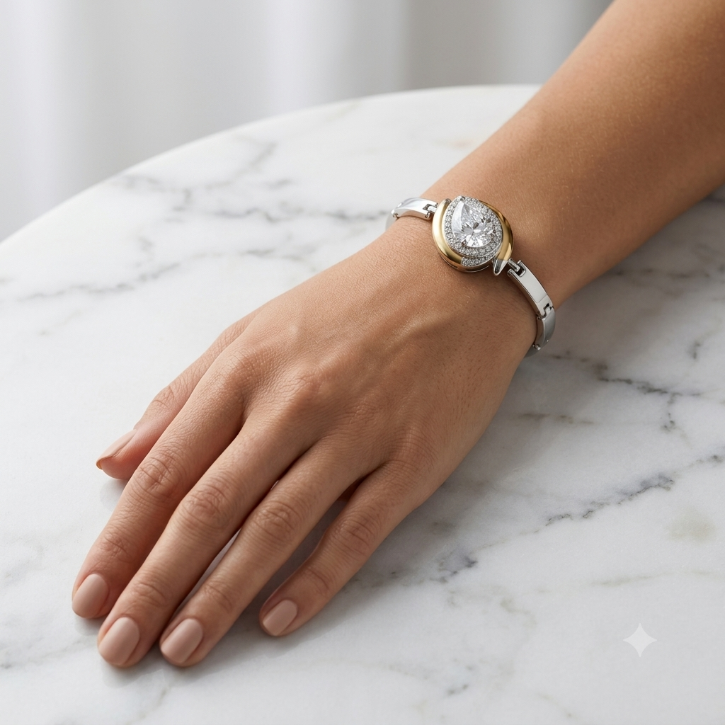 Pulseira Feminina Prata e Ouro com Zircônia Gota Cravejada - Imagem 3