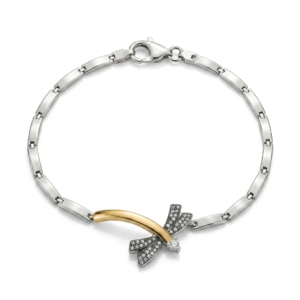 Pulseira Feminina Prata Legítima Libélula Cravejada e Detalhe Dourado