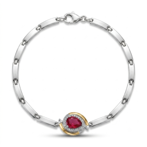 Pulseira Feminina Prata com Pedra Gota Vermelha e Detalhe Dourado Cravejado