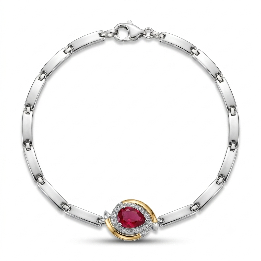 Pulseira Feminina Prata com Pedra Gota Vermelha e Detalhe Dourado Cravejado