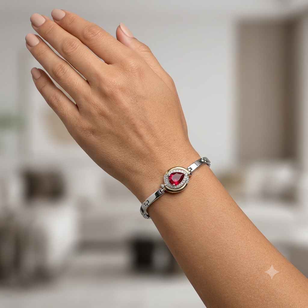 Pulseira Feminina Prata com Pedra Gota Vermelha e Detalhe Dourado Cravejado - Imagem 2