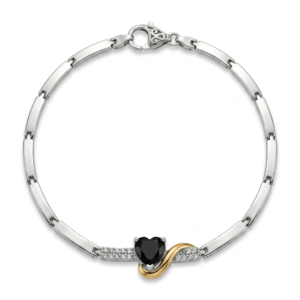 Pulseira de Prata 925 Coração Negro em Zircônia com Detalhe Dourado