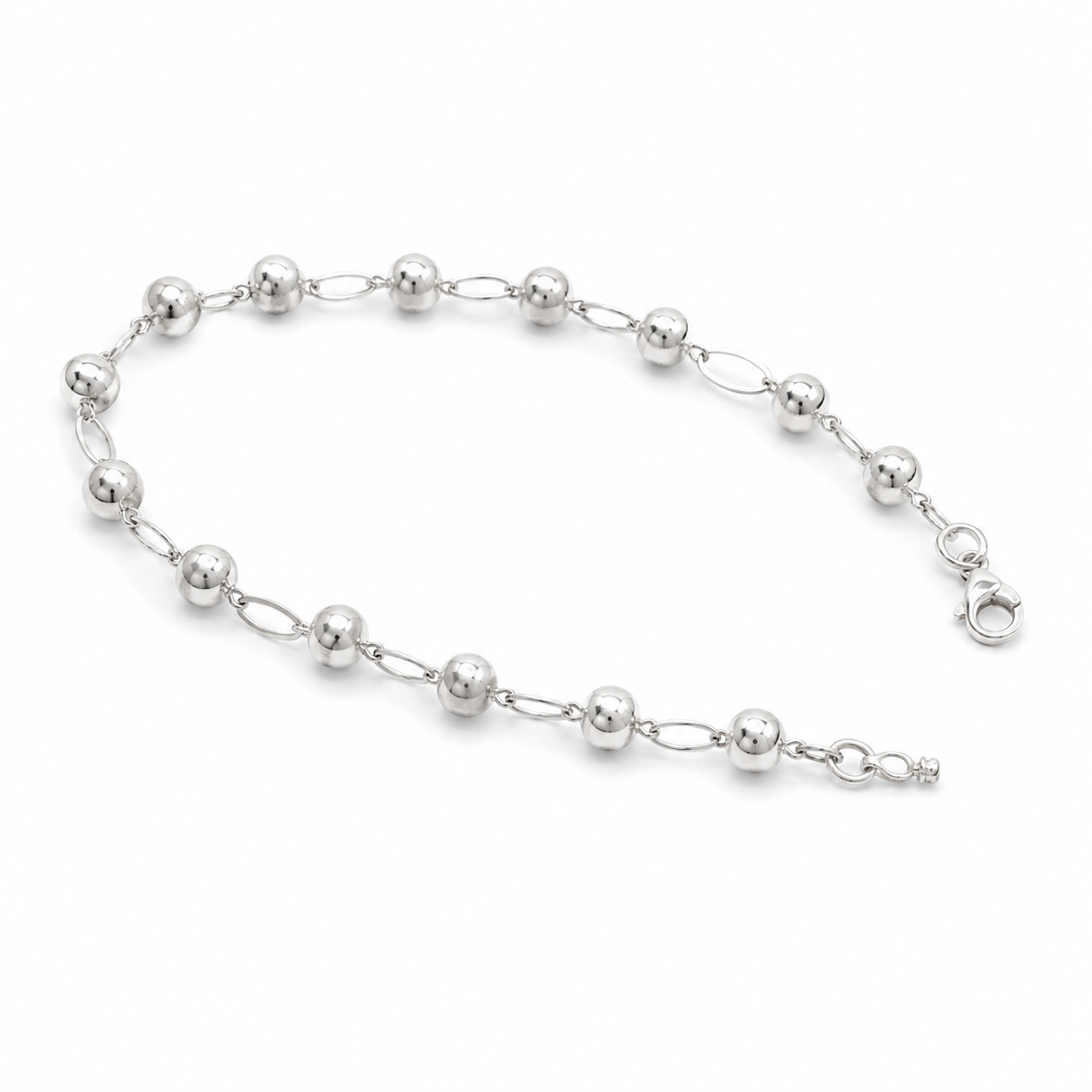 Pulseira Feminina Prateada com Esferas Polidas e Elos Delicados