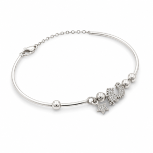 Bracelete Prateado com Medalha Religiosa e Olho Grego Azul