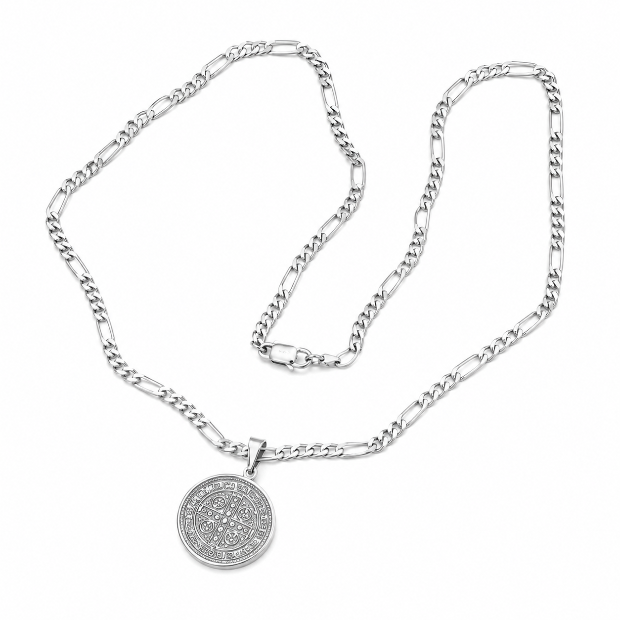 Colar Prateado com Medalha Redonda e Corrente de Elos Alternados
