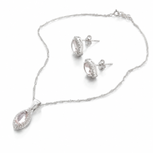 Conjunto de Prata com Colar e Brincos Gota com Pedra Clara