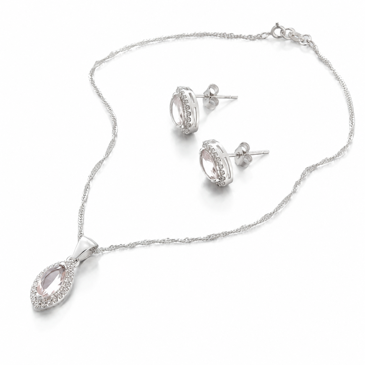 Conjunto de Prata com Colar e Brincos Gota com Pedra Clara