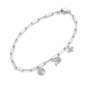 Pulseira Prateada de Elos Alongados com 3 Pingentes Decorativos