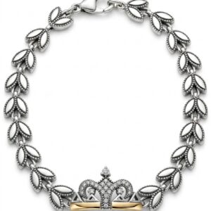Pulseira Prata com Coroa Cravejada e Elos em Folhas Bicolor