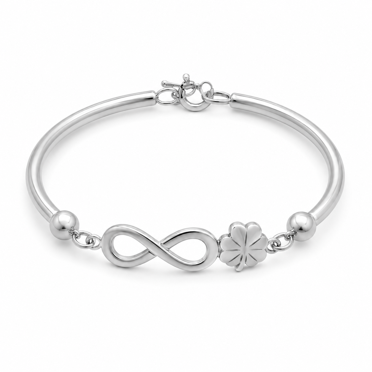 Pulseira Prateada com Símbolo do Infinito e Trevo – Design Delicado