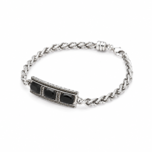 Pulseira de Prata com Pedras Pretas e Detalhes Trabalhados