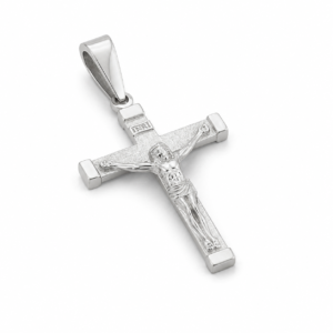 Pingente Crucifixo Prateado com Cristo em Relevo e Detalhe INRI