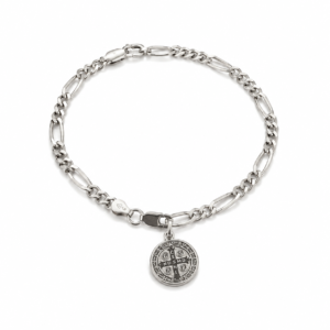 Pulseira Prateada com Medalha Religiosa e Corrente de Elos