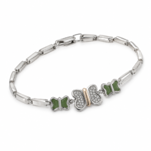 Pulseira Prata com Borboletas Verdes e Pingente Central Cravejado