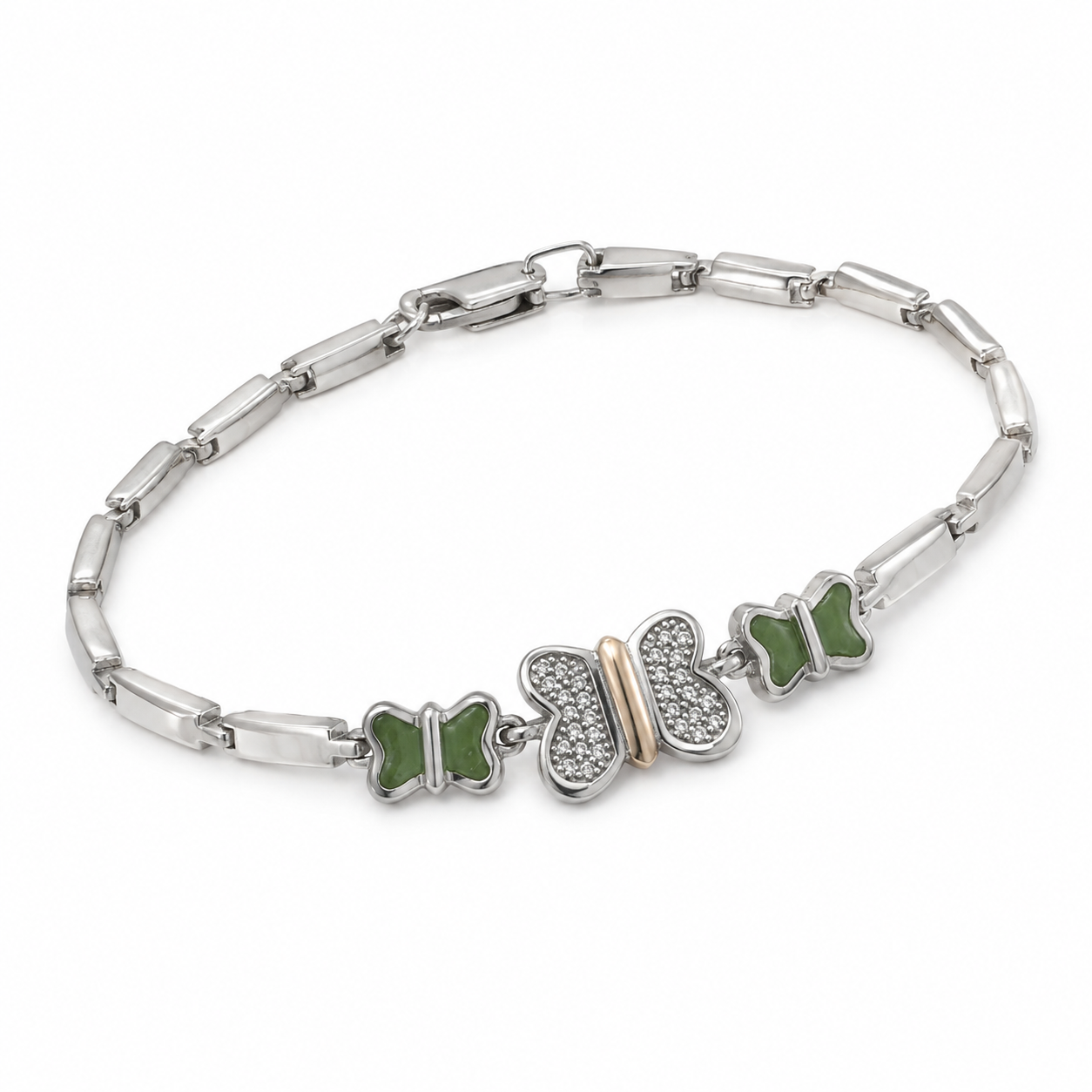 Pulseira Prata com Borboletas Verdes e Pingente Central Cravejado