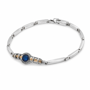 Pulseira Prata com Pedra Azul e Detalhes Dourados