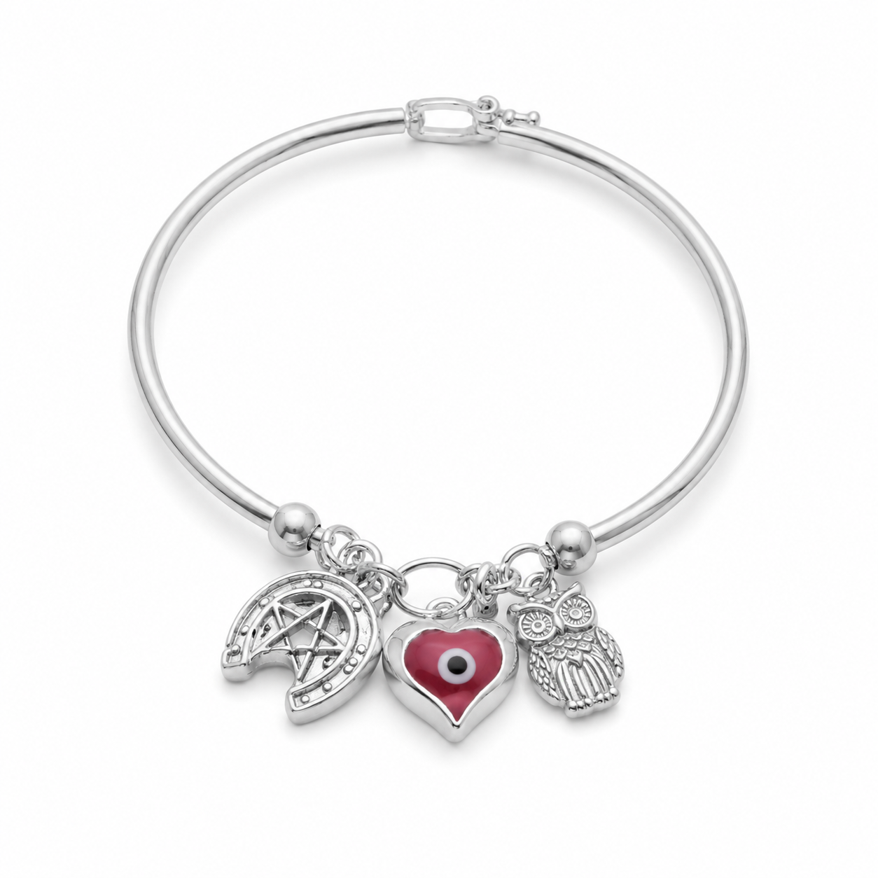 Pulseira de Prata com Pingentes Coração Olho, Coruja e Ferradura