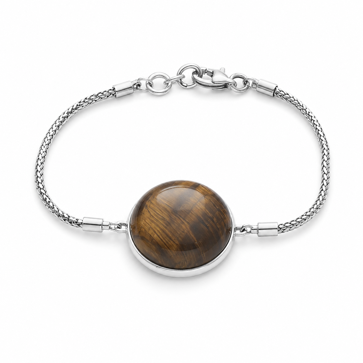 Pulseira de Prata com Pedra Marrom Redonda e Corrente Trançada