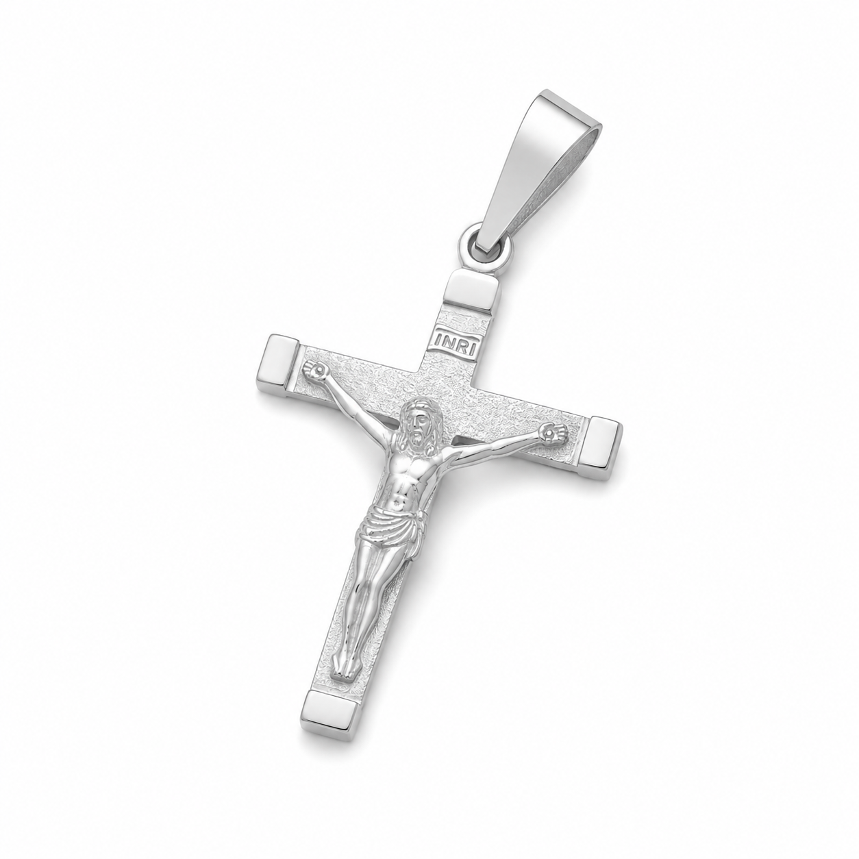 Pingente Crucifixo em Prata com Jesus e Detalhe INRI