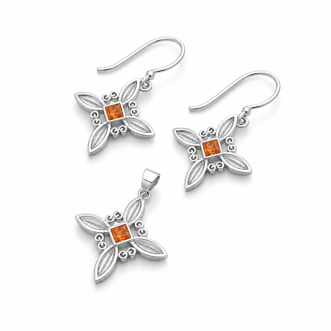 Conjunto de Prata com Brincos e Pingente Floral com Pedra Laranja