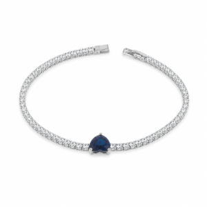 Pulseira de Prata Riviera com Pedras Transparentes e Coração Azul
