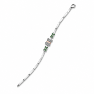 Pulseira Prata com Pedras Verdes e Detalhe Central Vintage