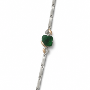 Pulseira Prata com Coração Verde e Detalhes Folha Bicolor