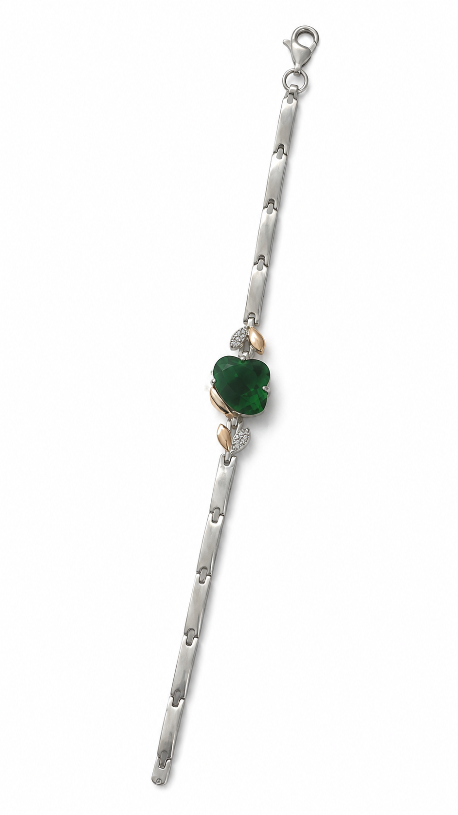 Pulseira Prata com Coração Verde e Detalhes Folha Bicolor
